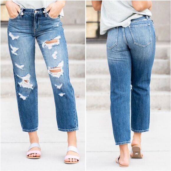 KanCan Pam Mid Rise Ripped Boyfriend Jeans Destroyed MediumWash - Picture 1 of 9